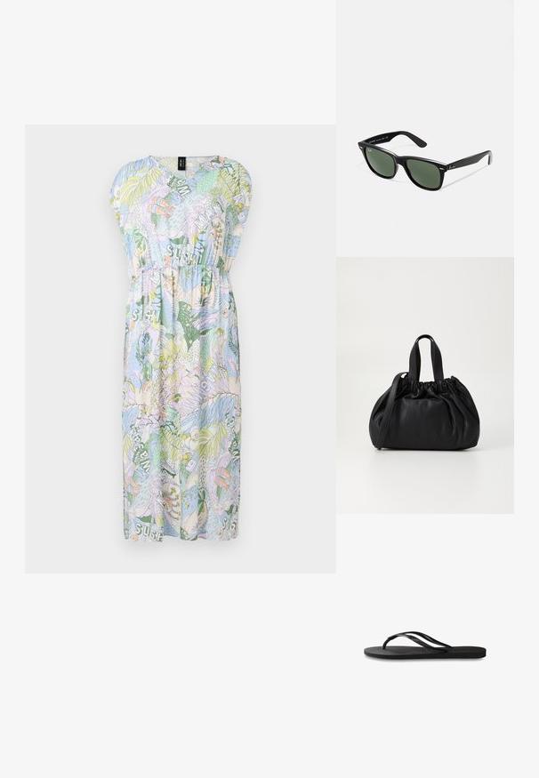 Kortærmet V-hals kjole i lyseblå med farverige tropiske mønstre, der har elastisk talje og knælang, feminin pasform.; Sorte flip-flop med en tekstureret gummisål, to slanke stropper og et subtilt, præget logodetalje på stroppen.; Sorte plastiksolkaber med grønne linser, firkantede stel, sølvaccent på brynene og teksturerede templede arme. Angivet mærke på den indre arm.; Sort læderhåndtaske med en samlet topdesign, der har to korte håndtag og en lang justerbar rem. Glat overflade, rund form.