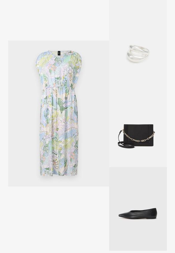 Abito a maniche corte e scollo a V di colore azzurro chiaro con motivi tropicali colorati, dotato di vita elastica e design fluido fino al ginocchio.; Ballerine in pelle nera, punta affusolata, design minimalista, texture liscia, tacco basso, senza hardware o decorazioni visibili.; Borsa a tracolla nera in pelle con una texture liscia, forma rettangolare e dettaglio in catena metallica sul davanti. Inclusa una tracolla regolabile.; Anello doppio in argento con superficie liscia e lucida. Presenta un design fluido e curvo con sezioni sovrapposte per un aspetto moderno.