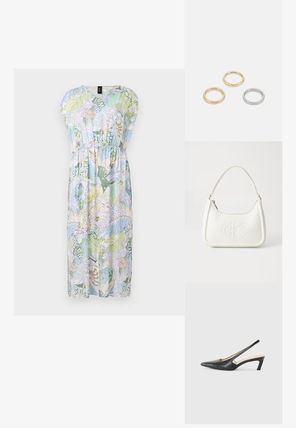Kurzes, ärmelloses V-Ausschnitt-Kleid in Hellblau mit bunten tropischen Mustern, ausgestattet mit elastischem Bund und einem knielangen, fließenden Design.; Schwarzer spitz zulaufender Slingback-Schuh mit niedrigem Absatz, der aus glattem Leder gefertigt ist und seitliche Ausschnitte für Atmungsaktivität aufweist.; Weiße Lederhandtasche mit abgerundeter Form, ausgestattet mit einem geprägten "CK"-Logo auf der Vorderseite und einem Einzel-Schultergurt. Reißverschluss oben.; Drei Metallringe: einer in Roségold, einer aus Gold mit strukturierten Akzenten und einer aus Silber, alle mit graviertem Branding auf dem inneren Band.