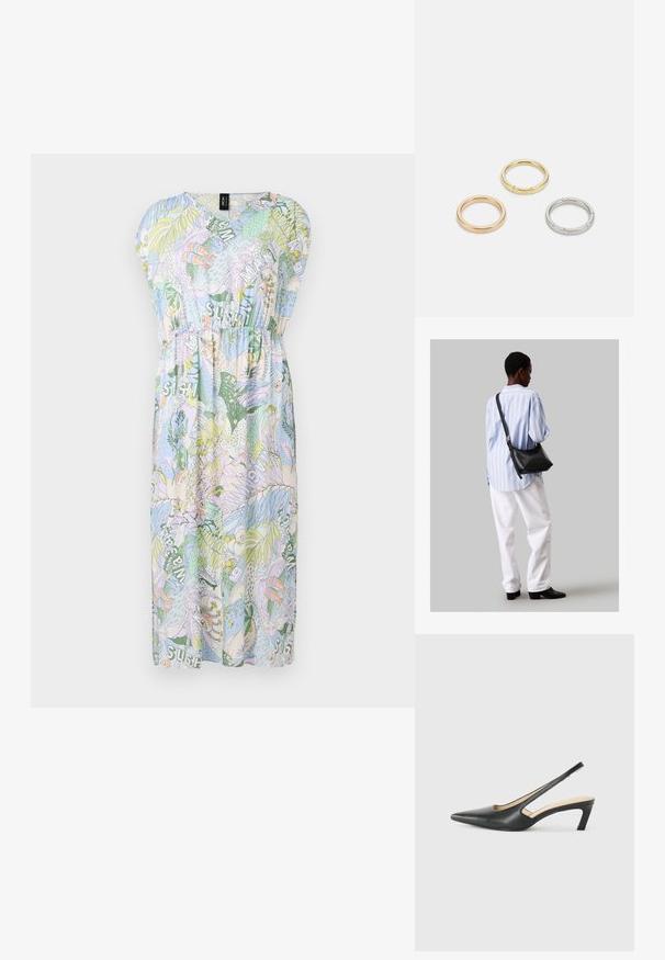 Šorty piedurkņu, V veida kakla kleita gaiši zila ar krāsainiem tropu rakstiem, ar elastīgu jostasvietu un ceļgalu garumu plūstošu dizainu.; Melna, ar smailu purngalu, slingback kurpe ar zemu papēdi, izgatavota no gludas ādas materiāla un ar izgriezumiem sānos gaisa caurlaidībai.; Melna ādas plecu soma ar mīkstu tekstūru, trīsstūra formu un regulējamu siksnu, apvienota ar gaiši zilu svītrotu krekli un baltām biksēm.; Trīs metāla gredzeni: viens rozā zeltā, viens zeltā ar teksturētiem akcentiem un viens sudraba, visiem ar iegravētām zīmola atzīmēm iekšējā joslā.