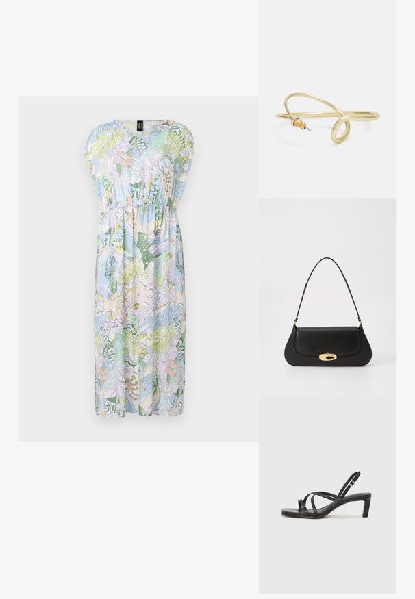 Robe à manches courtes, décolleté en V, de couleur bleu clair avec des motifs tropicaux colorés, présentant une taille élastique et un design fluide jusqu'aux genoux.; Sandale noire à lanières avec un bout carré et un petit talon bloc. Elle présente plusieurs fines lanières et une sangle de cheville ajustable. Fabriquée en cuir lisse.; Sac à main en cuir noir avec un design incurvé, matériel doré et une poignée sur le dessus. Présente une fermeture élégante et une texture lisse.; Bracelet en métal couleur or avec un design fluide et courbé. Présente un petit accent argenté proéminent à une extrémité.