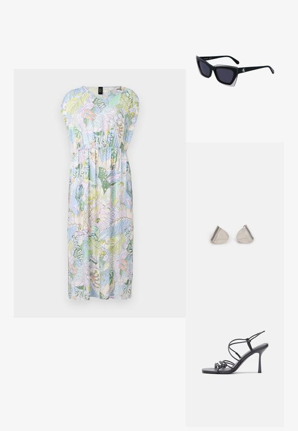 Lühikeste varrukatega, V-kaelusega helesinine kleit, millel on värvikad troopilised mustrid, elastne talje ja põlveni ulatuv voolav disain.; Mustad musta värvi kontsandaalid on varustatud peente rihmadega, millel on sõlmekujundus, siledad ruudukujulised varbad ja stiilne stilettokonts.; Mustad suured mustad prillid geomeetrilise kujuga, tumedate läätsedega ja kontrastse halli detailiga raamidel. Logo käe peal.; Hõbedased metallkõrvarõngad sujuva pisarakuju ja poleeritud viimistlusega. Diskreetne graveering lisab detaile. Minimalistlik disain.