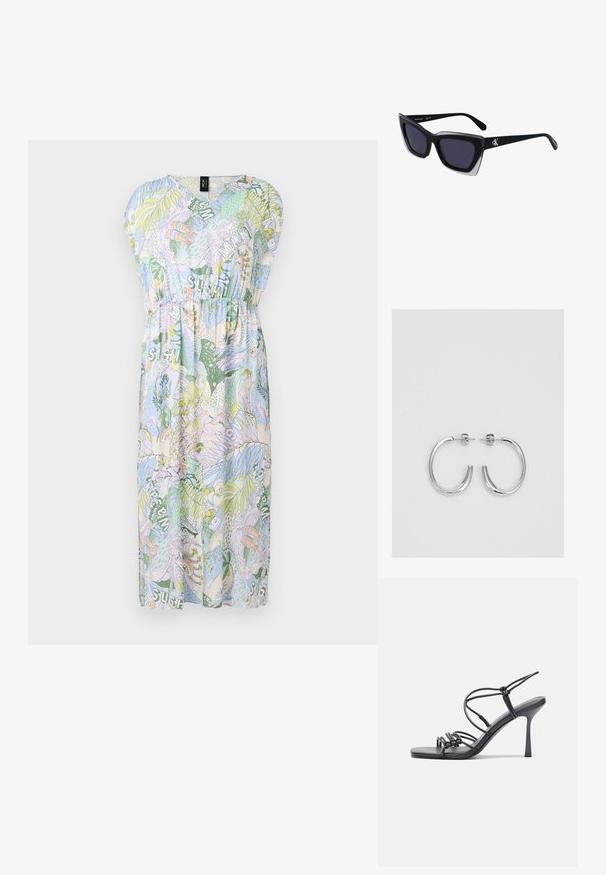 Korte mouwen, V-hals jurk in lichtblauw met kleurrijke tropische patronen, voorzien van een elastische taille en een knielange, vloeiende stijl.; Zwarte hoge hakken sandaaltjes hebben dunne banden met een geknoopt ontwerp, een gladde vierkante neus en een elegante stiletto-hak.; Zwarte oversized zonnebril met een geometrische vorm, voorzien van donkere glazen en een contrasterend grijs detail op het montuur. Logo op de arm.; Zilveren oorringen met een gladde, glanzende afwerking. Ronde vorm, lichtgewicht ontwerp, voorzien van een post-back sluiting.