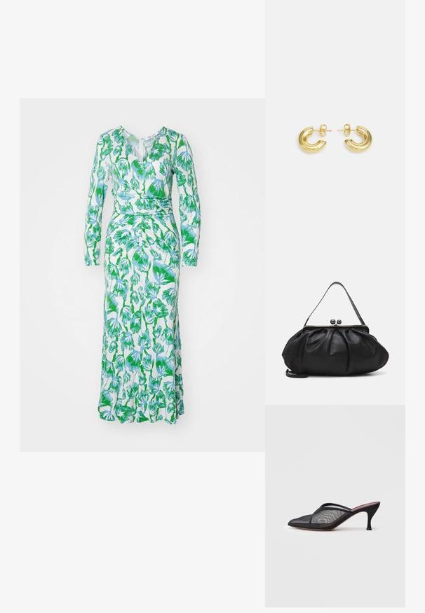 Diane von Furstenberg TIMMY DRESS - Rochie din jerseu - sea trees; Mule din plasă neagră, cu vârf ascuțit, curele subțiri și toc stiletto de 3 inci. Prezintă o textură transparentă și o talpă tonală solidă.; Geantă de umăr din piele neagră, cu un design rotund și pliat. Dispune de un închizător metalic cu două bile decorative și o curea subțire, detașabilă.; Maria Black TEMPELHOFER HOOPS - Cercei - gold-coloured