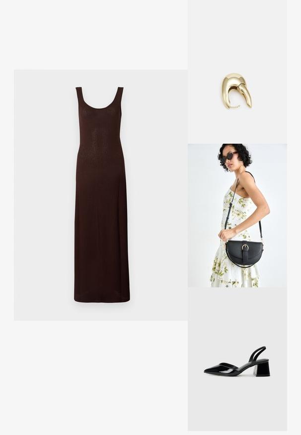 Rochie maxi maro cu dungi, cu decolteu rotund și fără mâneci, având o siluetă ajustată și o textură netedă.; Pantofi cu toc slingback din piele lacuită neagră, cu vârf ascuțit și toc geometric. Prezintă un design elegant, minimalist și o textură netedă.; Geantă din piele neagră, cu o formă curbată, curea detașabilă și accesorii aurii. Geanta are un capac cu un detaliu tip cataramă.; Cercei din metal de culoare aurie cu un design elegant și curbat. Prezintă o formă distinctivă, ascuțită, o suprafață lustruită și un sistem de închidere cu balama.