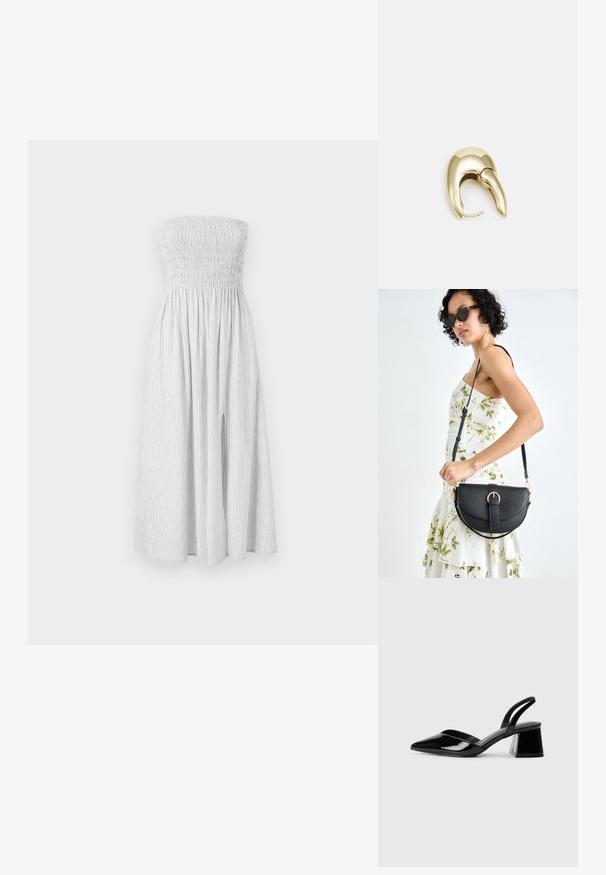 Brežna, obleka do kolen v svetlo sivi barvi z navpičnimi belimi črtami. Ima nabran zgornji del in lepršav krilo s stranskimi razporki.; Črne lakirane slingback pete s koničastim nosom in geometrijsko blokasto peto. Imajo eleganten, minimalističen dizajn in gladko teksturo.; Črna usnjena torbica s ukrivljeno obliko, z odstranljivo naramnico in zlatimi dodatki. Torbica ima pokrov s podrobnostmi v obliki zaponke.; Uhane nakit iz zlatastega tona z gladko, ukrivljeno zasnovo. Ima edinstveno koničasto obliko, polirano površino in zaponko s tečajem.