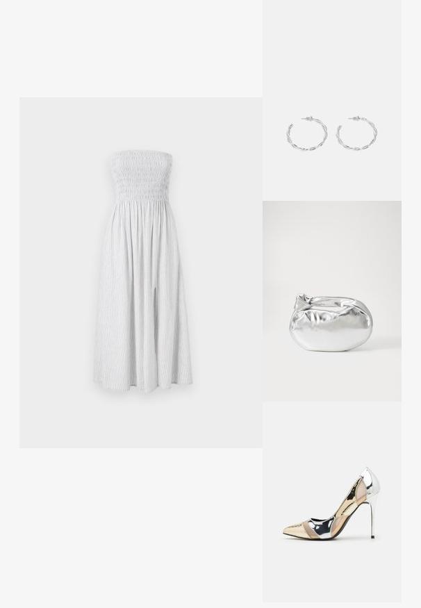 Rihmatueta, põlveliigini ulatuv kleit helesinisest hallist kangast, millel on vertikaalsed valged triibud. Omab volditud rinnaosa ja voolavat seelikut külgteibadega.; Kitsas toe kõrge kontsaga kingad, millel on hõbedane, kuldne ja nude värvilahendus. Läikiv viimistlus lõikekujundusega, stiletto konts.; Hõbedane metallikoti kott pehme, ümar kuju ja sõlme ülemise sulgemisega. Valmistatud siledast kunstnahast materjalist.; Hõbedased rõngaskõrvarõngad keerutatud disainiga, millel on poleeritud viimistlus ja posti-tagune sulgemine. Diameeter umbes 3 cm.