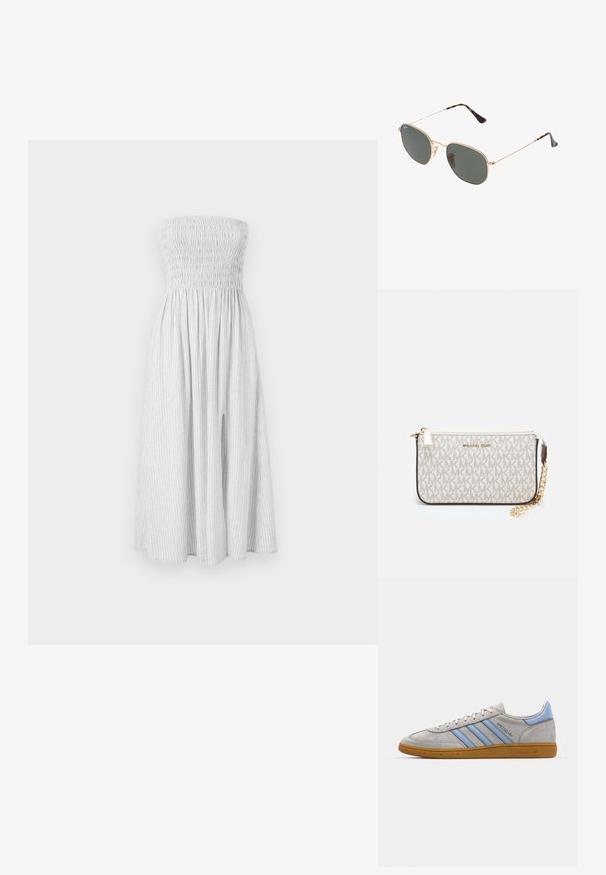 Olkapäämnä, polveen ulottuva mekko vaaleanharmaana, jossa on pystysuorat valkoiset raidat. Mekossa on rypytetty yläosa ja valuva hame, jossa on sivureiät.; Harmaa nubuk-nilkkkenkä, jossa on vaaleansinisiä raitoja, kuminen pohja ja logo-koristelu. Matalaprofiilinen muotoilu, pyöreä kärki ja nauhakiinnitys.; Kultaa metallikehyksiset aurinkolasit tummanvihreillä linsseillä, pilottilaatuinen tyyli, jossa on kapeat varret ja kilpikonnakuosiset korostukset päissä.; Michael Kors kääröbeige pinnoitettua kangasta, jossa on toistuva MK-logo -kuvio, kultaiset yksityiskohdat ja irrotettava ketjuhihna.