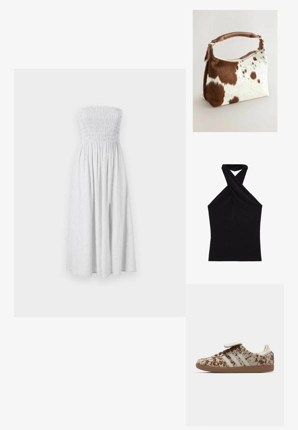 Rochie fără bretele, până la genunchi, de culoare gri deschis, cu dungi verticale albe. Prezintă un bust elastic și o fustă fluidă cu crăpături pe laterale.; Top negru tip halter, fabricat dintr-un material neted, cu un design al gâtului răsucit și o siluetă ajustată. Fără tipare sau elemente metalice vizibile.; Pantof cu un model bej și maroniu cu puncte, având trei dungi albe, o curea cu arici și o talpă din cauciuc maroniu.; Geantă din piele de vită cu un model pistruiat maro și alb, curea din piele maro, fermoar aurie și textură moale. Formă structurată cu margini rotunjite.