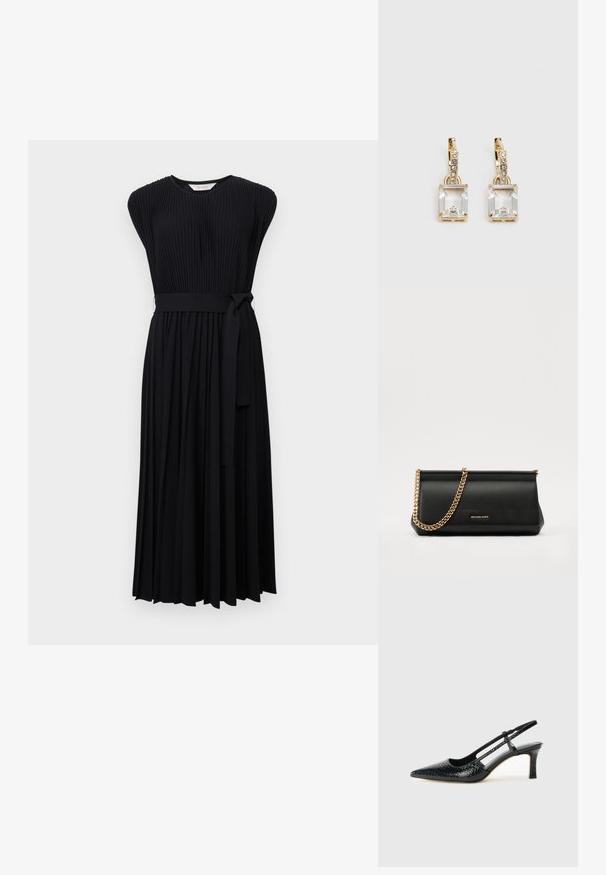 Max Mara Leisure KISS - Dnevna haljina - nero; Crne lakirane slingback pete s oštrim vrhom, s teksturiranim uzorkom zmijske kože, podesivom remenom i kratkom, teksturiranom blok-petom.; Crna kožna torbica sa zlatnim lančićem, koja se odlikuje glatkom teksturom, pravokutnim oblikom i utisnutim brendom na prednjoj strani.; Zlatne naušnice s pravokutnim, prozirnim kristalom koji visi ispod niza malih, okruglih prozirnih akcenata. Elegantni, moderni dizajn.