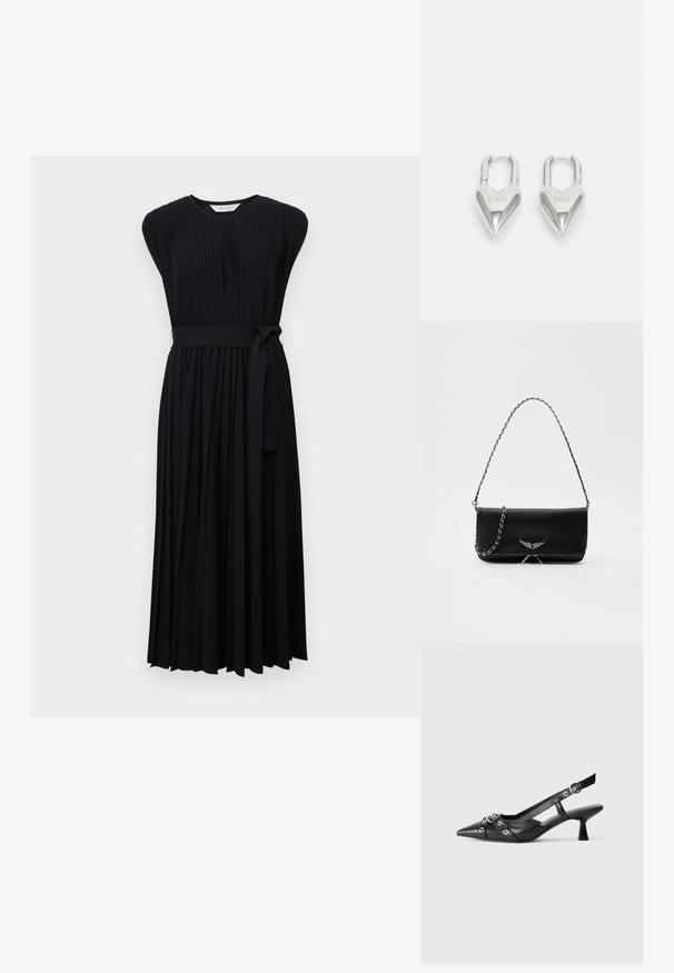 Max Mara Leisure KISS - Vestido de dia - nero; Sapato slingback em couro preto com biqueira fina, tiras decorativas com ilhós de metal e um pequeno salto quadrado. Superfície texturizada.; Saco de couro preto com uma alça de corrente prateada, apresentando ornamentos em forma de asas e costura branca ao longo da costura inferior.; Cadeados em forma de coração prateados com inscrições gravadas "SIM" e "NÃO", acabamento polido, design simétrico e um fecho de metal robusto.