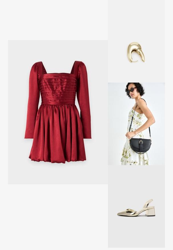 Vestido rojo con mangas largas, escote cuadrado y falda plisada. Hecho de una tela suave con un cuerpo texturizado y detalles de cintura fruncida.; Tacones slingback metálicos dorados con punta afilada y tacón grueso. Textura suave, diseño minimalista y una correa estrecha.; Bolso de piel negra con forma curva, correa desmontable y herrajes dorados. El bolso cuenta con una solapa con un detalle de hebilla.; Pendiente de metal en tono dorado con un diseño elegante y curvado. Presenta una forma puntiaguda distintiva, superficie pulida y cierre de bisagra.