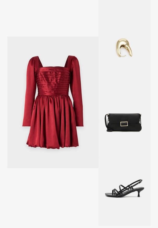 Vestido rojo con mangas largas, escote cuadrado y falda plisada. Hecho de una tela suave con un cuerpo texturizado y detalles de cintura fruncida.; Sandalias de tacón negro con múltiples tiras entrecruzadas. Material suave, puntera afilada y tacón estrecho. Correa de tobillo ajustable con hebilla.; Bolso de mano de cuero negro con una solapa y un detalle de hebilla de metal dorado. Incluye una correa negra y un diseño elegante y minimalista.; Pendiente de metal en tono dorado con un diseño elegante y curvado. Presenta una forma puntiaguda distintiva, superficie pulida y cierre de bisagra.