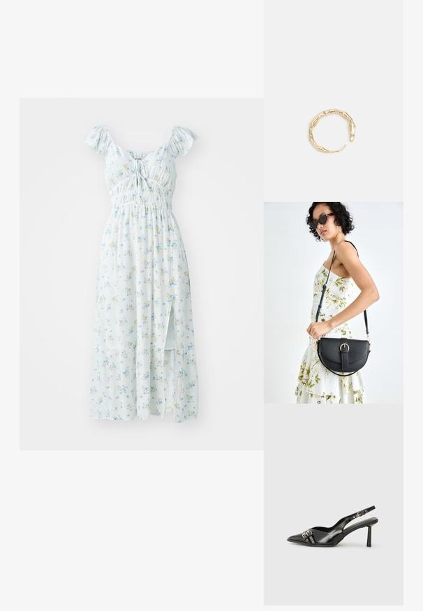 Gaiši zils ziedu maksi kleita ar īsām salocītām piedurknēm, piegulošu krūšdaļu un sānu šķēlumu. Rotāta ar mazām zaļām un dzeltenām ziedu rakstzīmēm.; Melnā patentēta ādas sandale ar norādītu purngalu, potītes siksniņām ar sudraba sprādzēm un aparatūru, kā arī smalku papēdi.; Melnas ādas rokassoma ar izliekta formu, noņemamu siksnu un zelta aksesuāriem. Somai ir vāciņš ar sprādzes detaļu.; Zelta toņa gredzens ar organisku, vērptu dizainu, gludu virsmu un sašaurinātiem galiem, radot mūsdienīgu, skulpturālu izskatu.