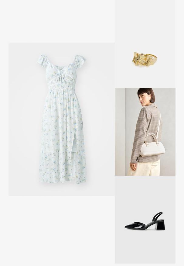 Heled sinise lillemustriga maksimekko lühikeste rippuvate varrukatega, kokku plekitud rinnaosaga ja külje lõhiku ning väikeste roheliste ja kollaste lillemusterdega.; Mustad musta lakknahk kingad, millel on terav varvas ja geomeetriline plokkkonts. Omab elegantselt minimalistlikku disaini ja sujuvat tekstuuri.; Valge struktureeritud käekott lühikeste käepidemete ja õlavööga, millel on kuldse riistvara aktsendid ja tekstuuriga materjal, eksponeeritud halli taustal.; Kuldne sõrmus tekstureeritud, lainelise disainiga, millel on kolm silmapaistvat tippu. Sile, läikiv pind ja avatud riba, mis võimaldab reguleeritavat sobivust.