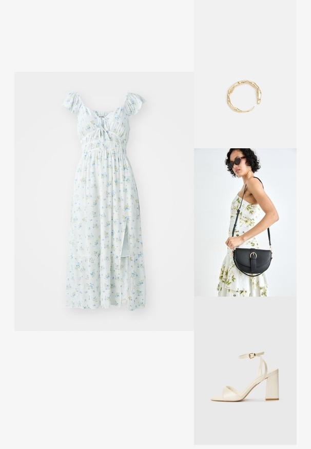 Svijetloplava cvjetna maksi haljina s kratkim volanima, gumenim tijelom i bočnim prorezom. Sadrži male zelene i žute cvjetne uzorke.; Sandale s petom u krem boji, otvorenih prstiju, s debelim blok petom, tankim remenom oko gležnja i suptilnim sjajem. Kopča kao naglasak na remenu.; Crna kožna torba s lukovitim oblikom, odvojivim remenom i zlatnim detaljima. Torba ima preklop s kopčom.; Prsten u zlatnoj nijansi s organskim, uvijenim dizajnom, glatkom teksturom i suženim krajevima, koji stvara moderan, skulpturalni izgled.