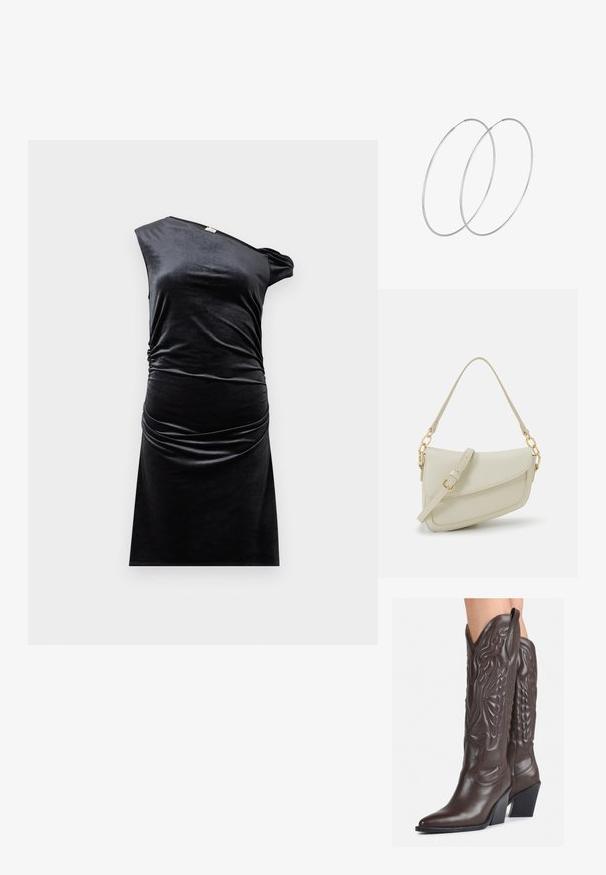 Crna baršunasta haljina s jednim ramenom, nabrana sa strane i prilagođenog kroja. Glatka tekstura, do koljena i minimalistički stil.; Smeđe kožne kauboj čizme s šiljastim vrhom i blok-potpeticom, s detaljno izvezenim šavovima i uzdignutim naglascima na okovu.; Mala krem torbica s teksturiranim finišom, dugačkim podesivim remenom, lančanim detaljem i preklopom. Zlaćani hardver.; Srebrne okrugle naušnice s minimalističkim dizajnom. Kružni oblik, glatka tekstura i tanak profil. Lagane s poliranim završetkom.