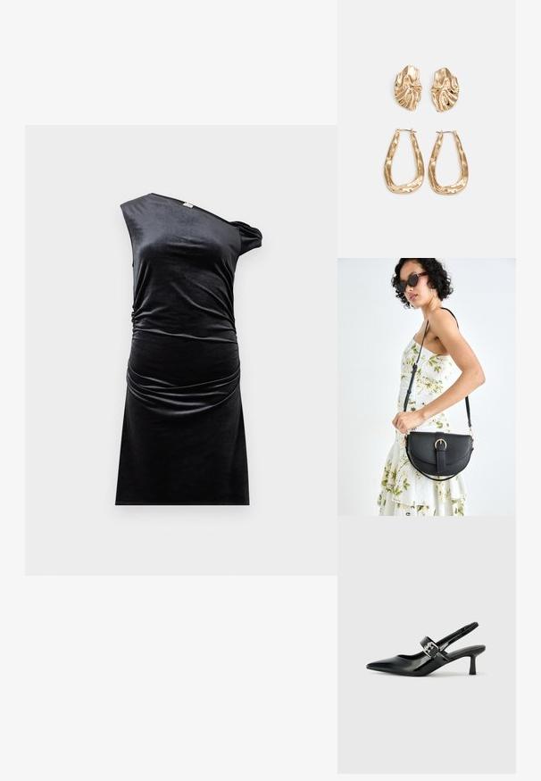 Melnas samta kleita ar vienu plecu, savelkumu sānos un pieguļošu formu. Gluda tekstūra, līdz ceļgaliem un minimālistisks stils.; Melnas lakotas ādas sūkņa kurpes ar norādītu purngali un mazu bloku papēdi, ar sudraba sprādzi akcentā uz jostas.; Melnas ādas rokassoma ar izliekta formu, noņemamu siksnu un zelta aksesuāriem. Somai ir vāciņš ar sprādzes detaļu.; Zelta krāsas auskari ar teksturētām, viļņotām formām. Iekļauts skulpturāls piespraužams modelis un atvērta gredzenveida konstrukcija ar izsistām virsmām.