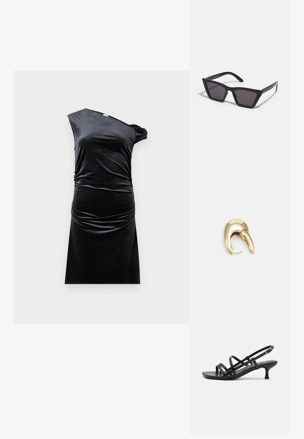 Czarna sukienka z aksamitu o asymetrycznym kroju, zaszyta z boku i dopasowanym kształcie. Gładka tekstura, długość do kolan i minimalistyczny styl.; Czarne sandały na obcasie z wieloma krzyżującymi się paskami. Gładki materiał, szpiczasty czubek i wąski obcas. Regulowany pasek wokół kostki z klamrą.; Czarne, kanciaste okulary przeciwsłoneczne z szarymi soczewkami; wykonane z plastiku, z grubymi zausznikami o gładkiej powierzchni i bez widocznych elementów metalowych.; Złote metalowe kolczyki o eleganckim, zakrzywionym kształcie. Posiadają charakterystyczny szpiczasty kształt, polerowaną powierzchnię oraz zapięcie na zawias.