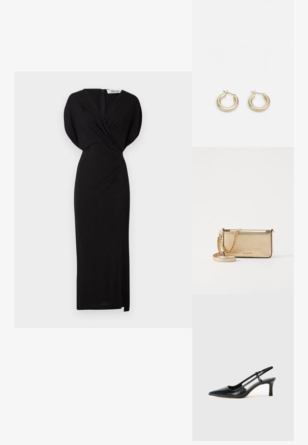 Diane von Furstenberg WILLIAMS DRESS - Koktailové šaty/večierkové šaty - black; Čierne patentové slingback topánky na ihlovom podpätku s špicatou špičkou, s textúrovaným hadím vzorom, nastaviteľným popruhom a krátkym, textúrovaným blokovým podpätkom.; Metalická zlatá kožená kabelka so štruktúrovaným povrchom, vybavená zlatým reťazovým popruhom a odnímateľným ramenným popruhom. S logom značky vytlačeným na povrchu.; Lauren Ralph Lauren BASIC SMALL HOOP - Náušnice - gold-coloured