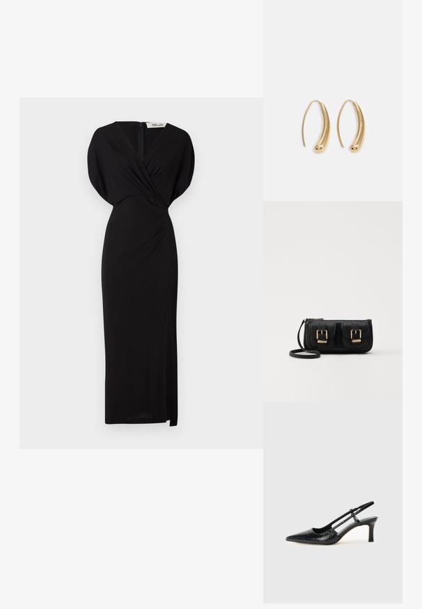 Diane von Furstenberg WILLIAMS DRESS - Koktejlové šaty / šaty na párty - black; Černé lakované slingback podpatky s špičatou špičkou, zdobené texturovaným hadím vzorem, nastavovacím páskem a krátkým texturovaným blokovým podpatkem.; Černá kožená crossbody taška se dvěma předními kapsami, zlatými přezkami, zipovým uzávěrem a štíhlým popruhem. Texturovaný povrch a kompaktní obdélníkový tvar.; Náušnice ve tvaru kruhu z pozlaceného kovu s vroubkovaným, prodlouženým tvarem. Mají hladký, lesklý povrch a zaoblený konec pro zvýraznění detailu.