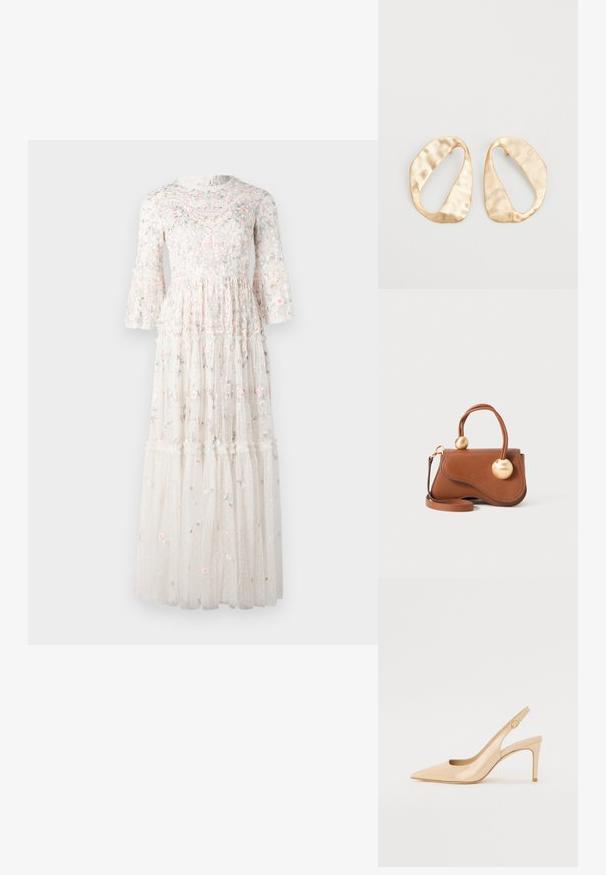 Maxi dress made of sheer white fabric, featuring floral embroidery in pink and blue, flared sleeves, and tiered ruffles at the hem.; Nude patent leather slingback heel with a pointed toe, open vamp, and a thin stiletto heel. Features a circular gold accent on the strap.; Brown leather handbag with a wavy design, featuring two circular gold accents and a detachable shoulder strap for versatile carrying.; Pair of irregular oval-shaped gold-toned metal earrings with a textured, slightly hammered surface on a white background.