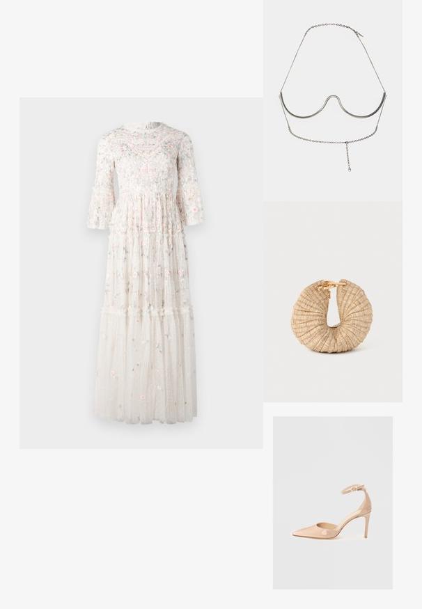Maxikjole lavet af gennemsigtig hvidt stof, med blomsterbroderi i pink og blå, flagrende ærmer og lagdelte volanger i kanten.; Nude patentlæder spidse tå sko med ankelrem og stilettohæl, der har en glat overflade og minimalistisk design.; Cult Gaia UBAH - Clutches - wheat; Cult Gaia ASHA BODY JEWELRY - Andre accessories - bright shiny silver-coloured