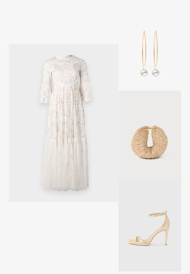 Maxikleid aus transparentem weißen Stoff, mit floralem Stickerei in Pink und Blau, mit weit ausgestellten Ärmeln und gestuften Rüschen am Saum.; Goldfarbene metallische High-Heel-Sandale mit offener Zehenpartie, Knöchelriemen mit Schnalle und einer Plattformsohle für zusätzliche Höhe. Glatte Textur.; Cult Gaia UBAH - Clutch - wheat; Goldfarbene, längliche Creolen mit glatten weißen Perlenakzenten am unteren Ende jeder Creole. Einfaches und elegantes Design.