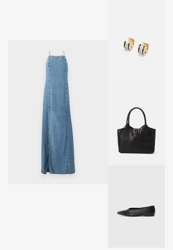 Denim-maksimekko suoralla leikkauksella, vaaleansininen väri, ohuet hihnat ja sivusaumat. Yksinkertainen muotoilu ilman mitään lisäkoristeluja.; Musta nahkainen ballerinatyyppinen kenkä, terävä kärki, minimalinen muotoilu, sileä pinta, matala korko, ei näkyvää metalliosaa tai koristeita.; Musta nahkainen olkalaukku, jossa on sileä pinta, ryhdikäs muoto, kaksi kahvaa ja silmienpistävä hopeinen solkiyksityiskohta edessä.; Korvashäntäkorvakorut kullansävyllä, joissa on mustat emalikoristeet. Korvakoruissa on teksturoitu muotoilu ja pieni kirkas kivi yksityiskohtana.