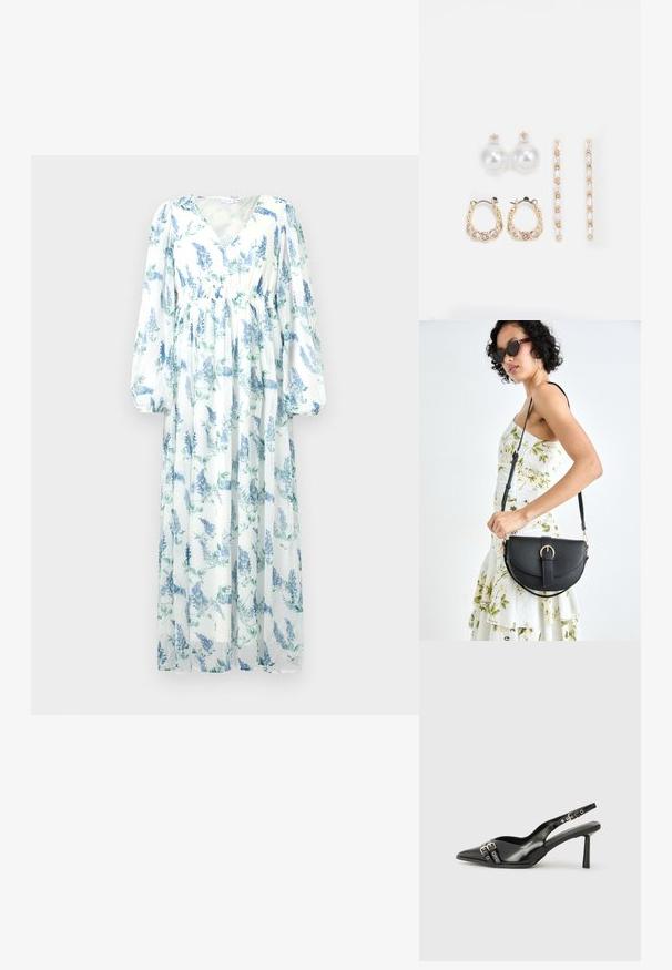 Lang, flytende kjole laget av gjennomsiktig stoff. Har en hvit bakgrunn med blå blomsterdesign, V-hals og lange, luftig ermer.; Sorte patentlær slingback-sko med spiss tå, ankelremmer med sølvspenner og detaljer, og en slank hæl.; Svart lærveske med en buet form, avtagbar stropp og gullbeslag. Vesken har et klaff med spenne-detall.; Tre par øreringer: store hvite perle-stud, gullringer med klare edelstener, og to lange, rette gull-accent øreringer med glitrende detaljer.