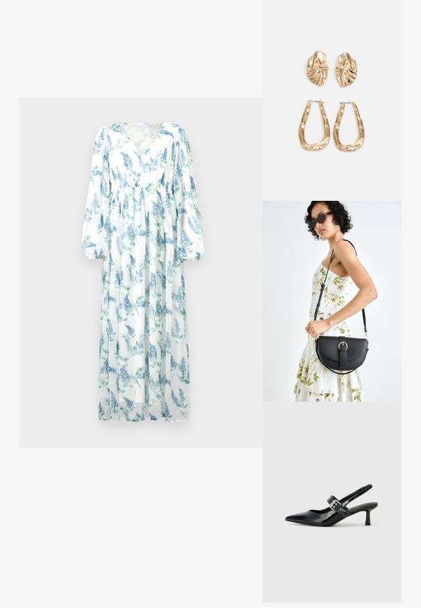 Lang, flytende kjole laget av gjennomsiktig stoff. Har en hvit bakgrunn med blå blomsterdesign, V-hals og lange, luftig ermer.; Svarte patent lær slingback hæler med spiss tå og en liten blokkheel, med en sølvspenne som detalj på stroppen.; Svart lærveske med en buet form, avtagbar stropp og gullbeslag. Vesken har et klaff med spenne-detall.; Gullfargede øredobber med teksturerte, bølgete former. Inkluderer skulpturelle klipsstuds og åpen hoop-design med en hamret finish.