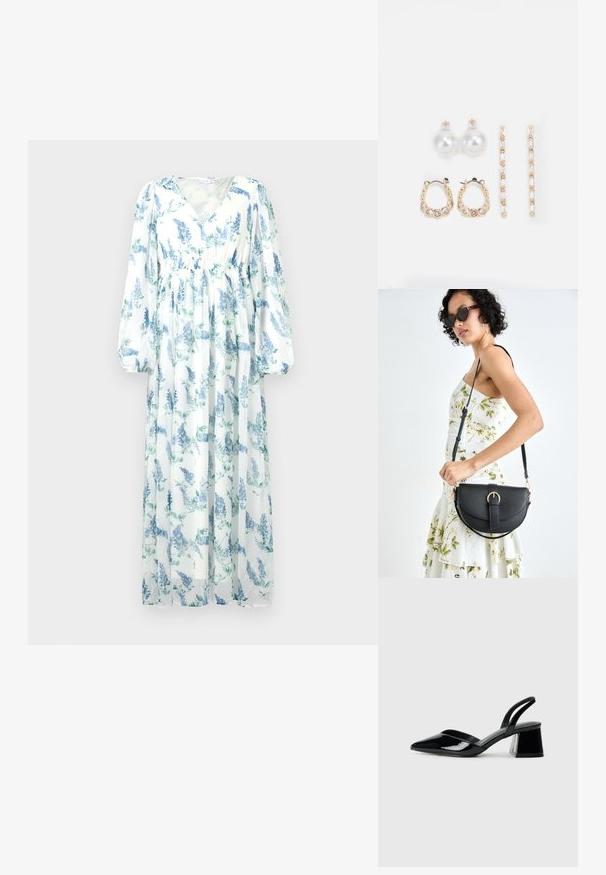 Hosszú, lebegő ruha áttetsző anyagból. Fehér alapszíne van kék virágmintákkal, V-kivágással és hosszú, bő ujjakra van szabtva.; Fekete lakk bőr szandálkés magas sarkú cipő, hegyes orral és geometrikus tömbsarkakkal. Karcsú, minimalista dizájn és sima textúra jellemzi.; Fekete bőrtáska ívelt formával, levehető pánttal és arany színű fémrészekkel. A táskán egy csattal díszített fedél található.; Három fülbevalópár: nagy fehér gyöngy fülbevalók, arany karika fülbevalók, tiszta drágakövekkel, és két hosszú, egyenes arany akcentus fülbevaló csillogó részletekkel.