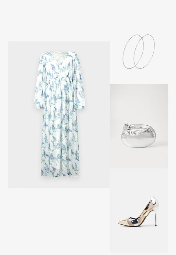 Dlouhá, splývavá šaty vyrobené z průsvitné látky. Mají bílý základ s modrými květinovými vzory, V-výstřih a dlouhé, vzdušné rukávy.; Lodička s špičatou špičkou a kombinací stříbrné, zlaté a tělové barvy. Lesklý povrch s vykrojeným designem, s jehlovým podpatkem.; Stříbrná kovová taška s měkkým, zaobleným tvarem a uzávěrem s uzlem. Vyrobena z hladké umělé kůže.; Stříbrné kruhové náušnice s minimalistickým designem. Kruh, hladký povrch a tenký profil. Lehká konstrukce s lesklým povrchem.