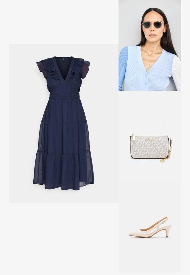 Jūras zila kleita, kas izgatavota no viegla strukturēta auduma, ar volānu īsām piedurknēm, V-veida kakla izgriezumu un pakāpenisku svārku.; Baltas siksniņveida papēdis ar smailu purngalu, gludu augšējo materiālu, zemu blokpapēdi un sānu izgriezumu dizainu ar regulējamu sprādzi.; Apaļas saulesbrilles ar tumšiem objektīviem un zeltītām rāmēm. Modelis valkā gaiši zilu, ribotu kardigānu ar pogām un kontrastējošām baltām piedurknēm.; Michaela Korsa rokassomi bez̦ā īšojuma, kas izgatavota no apklāta kanvas, iekļaujot atkārtotu MK logotipa rakstu, zelta aparatūru un noņemamu ķēdes siksnu.