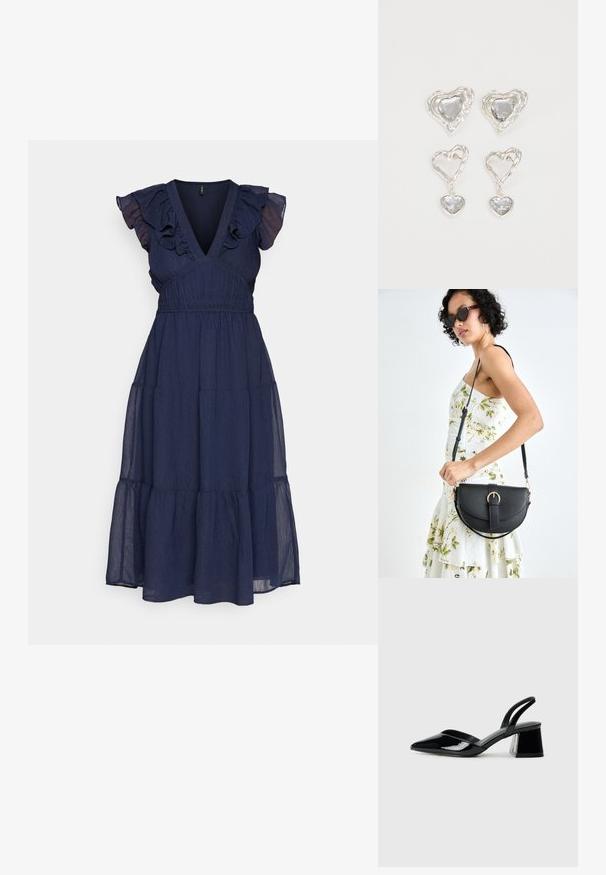 Jūras zila kleita, kas izgatavota no viegla strukturēta auduma, ar volānu īsām piedurknēm, V-veida kakla izgriezumu un pakāpenisku svārku.; Melna lakota āda ar atvērto papēdi, ar smailu purngalu un ģeometrisku blokpapēdi. Iezīmējas elegants, minimāls dizains un gluda tekstūra.; Melnas ādas rokassoma ar izliekta formu, noņemamu siksnu un zelta aksesuāriem. Somai ir vāciņš ar sprādzes detaļu.; Sudraba sirds formas auskari ir rotāti ar daudzšķautņainiem caurspīdīgiem akmeņiem un ar teksturētu rāmi. Komplektā iekļauti gan pērlīšu, gan pilienu stili.