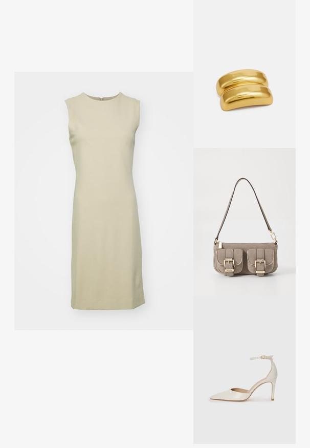 Bez piedurknēm, ceļu garuma kleita gaisā bēžā krāsā, izgatavota no gludas, elastīgas auduma, ar apaļu kakla izgriezumu un diskrētu aizmugures rāvējslēdzēju.; Baltas ādas augstpapēžu kurpes ar smailu purngala daļu, potītes siksniņu un šauru stiletto papēdi. Gluda tekstūra ar smalku spīdumu.; Bežs teksturēts roku soma ar regulējamu siksnu, divas priekšējās kabatas, kas aizveras ar sprādzēm, un zelta aksesuāriem. Augšā ar rāvējslēdzēja aizdari.; Zelta krāsas metāla matu spraude ar gludu, noapaļotu dizainu. Virsma ir spīdīga, ar savienotu, izliekta formu, bez papildu rotājumiem.