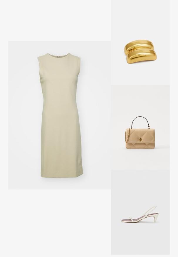 Varrukatu, põlvikuni kleit heledast beežist, valmistatud siledast ja venivast kangast, ümmarguse kaelusega ja diskreetse seljazaipiga.; Valged slingback sandaalid kergelt kontsaga, õhukeste rihmade ja sileda nahatekstuuriga; sisaldavad väikest dekoratiivset pandlat.; Kvaliteetne beež nahkst kandekott, millel on kuldne riistvara, ketirihm ja ülemine käepide. Omab esipaneeli ja allkirjalogo detaile.; Kuldse metallist juukseklamber sileda ja ümarat kujundust. Pind on peegeldav, omades ühte seotud kõverat kuju ilma lisakaunistusteta.