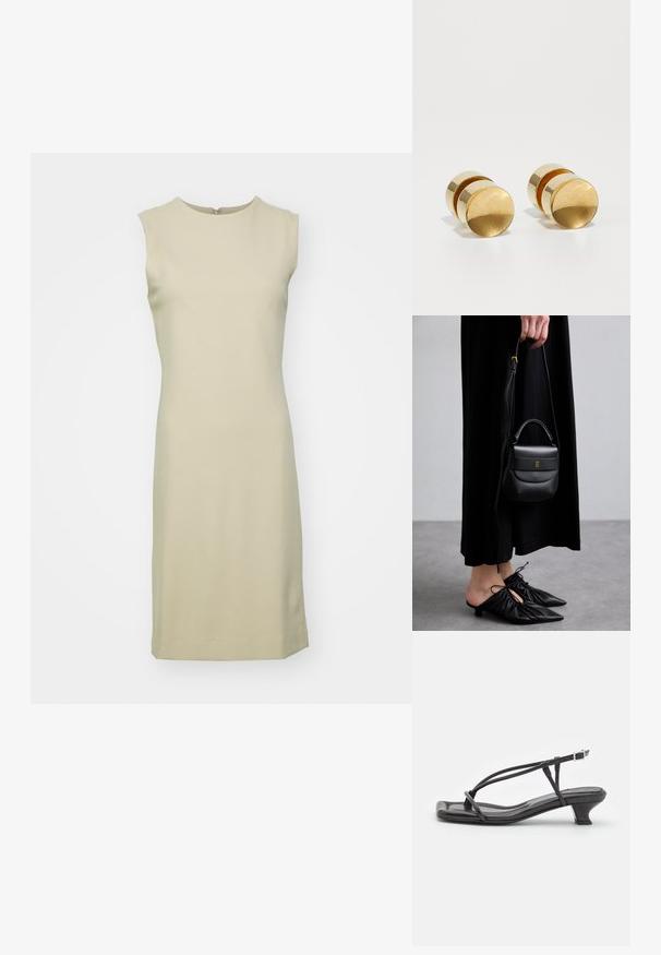 Sleeveless, knee-length dress in light beige, made from smooth, stretchy fabric with a round neckline and a discreet back zipper.; Black leather sandal with thin straps, low block heel, and square toe. Features a buckle closure and smooth texture.; Small black leather handbag with a rounded shape, top handle, and removable strap. Worn with black fabric dress and black pleated shoes.; Gold metal earrings with a simple round shape, featuring a smooth finish and a central polished band. Measures approximately 1 cm in diameter.