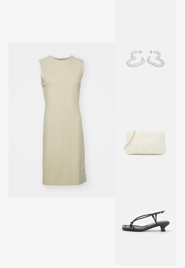 Šaty bez rukávov, po kolená, v svetlej béžovej farbe, vyrobené z hladkej, elastickej tkaniny so zaobleným výstrihom a diskrétnym zipsom na zadnej strane.; Čierne kožené sandále s tenkými remienkami, nízkym blokovým opätkom a štvorcovou špičkou. Majú pracku na uzatvorenie a hladký povrch.; Biela textúrovaná kabelka na ruku s nariaseným dizajnom, s zlatým reťazovým popruhom. Hladký povrch s jemnými vlnkami a zaoblenými hranami.; Strieborné náušnice s vlnitým, abstraktným dizajnom zdobené malými, iskriacimi kryštálmi. Zabezpečené zapínanie na postrannú sponu.