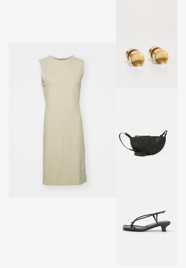 Šaty bez rukávov, po kolená, v svetlej béžovej farbe, vyrobené z hladkej, elastickej tkaniny so zaobleným výstrihom a diskrétnym zipsom na zadnej strane.; Čierne kožené sandále s tenkými remienkami, nízkym blokovým opätkom a štvorcovou špičkou. Majú pracku na uzatvorenie a hladký povrch.; Čierna kožená crossbody taška v tvare polmesiaca, s textúrovaným povrchom, zlatým zipsom a plochým popruhom. Kompaktný dizajn vhodný pre nevyhnutnosti.; Zlaté kovové náušnice so jednoduchým okrúhlym tvarom, ktoré majú hladký povrch a centrálne lesklé pásiky. Majú priemer približne 1 cm.