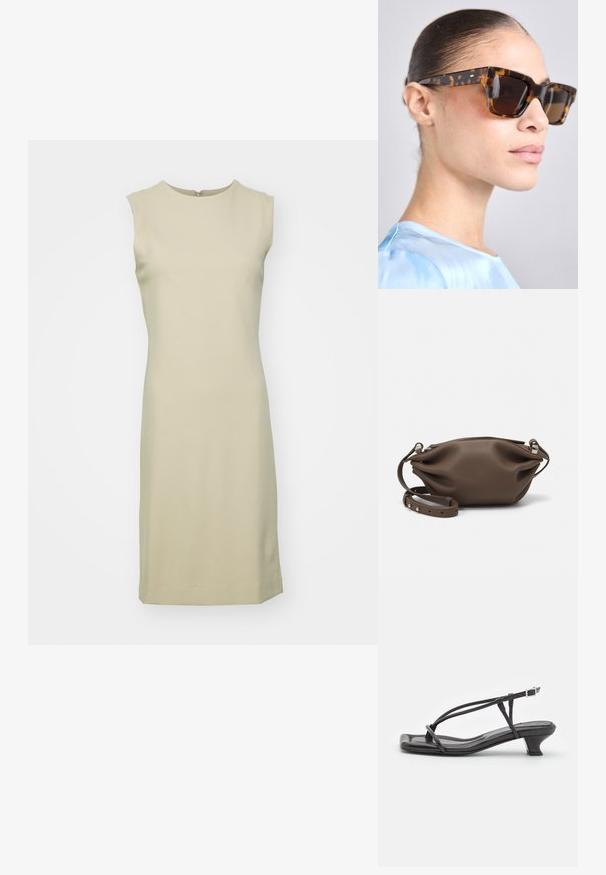 Beigi bešvarkis, iki kelių siekiantis suknelė, pagaminta iš glotnaus, tamprios medžiagos, su apvaliu iškirpimu ir diskretišku užtrauktuku nugaroje.; Juodas odinis šlepetės su plonomis dirželiu, mažu blokuoju kulnu ir kvadratiniu pirštu. Yra sagties uždarymas ir lygus paviršius.; Žirafų rašto saulės akiniai su masyviu, stačiakampiu rėmu. Tamsūs lęšiai ir auksinės spalvos akcentai ant šventyklių. Lygus, blizgus paviršius.; Ruda odinė rankinė su minkštu, struktūrizuotu dizainu, turinti viršutinį užtrauktuką ir reguliuojamą dirželį su sidabro spalvos detalėmis.; Sidabriniai perlų auskarai su kreivai suformuota pupelės forma. Lygus, blizgus paviršius, uždaromi segtuku ir atgaline fiksacija.