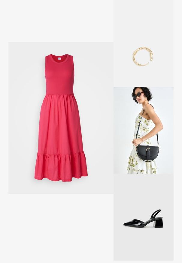 GAP MIDI DRESS - Vapaa-ajan mekko - pink hibiscus; Mustat patentoitu nahkakengät, joissa on säären takaosa ja terävä kärki, sekä geometrinen palikkakorko. Sisältää tyylikkään, minimalistisen muotoilun ja sileän pinnan.; Musta nahkainen käsilaukku, joka on kaareva muotoilultaan, irrotettavalla hihnalla ja kultaisilla yksityiskohdilla. Laukussa on läppä, jossa on solk yksityiskohta.; Kultaketju, jossa on orgaaninen, kierretty muotoilu, sileä pinta ja cappatut päät, luoden modernin, veistoksellisen ilmeen.