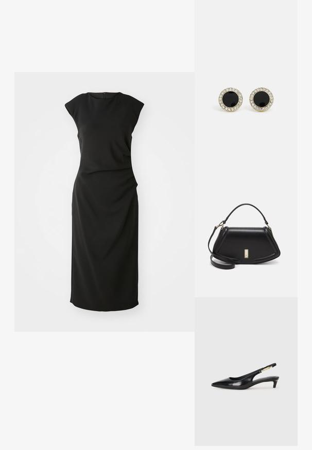 Melnas bez piedurknēm kleitas ar apaļu kakla izgriezumu, gluda auduma, šaura piegriezuma un sānu drapējuma detaļa. Aizmugurējā rāvējslēdzēja aizdare. Vienkāršs, elegants dizains.; Melnas ādas slingback zābaki ar smailu purngalu, ar šauru papēdi un zelta krāsas akcentu uz regulējama siksniņas. Gluda tekstūra.; Melnas ādas roku soma ar struktūru, ar īsu formu, augšējo rokturi un zelta aksesuāriem. Iekļauta regulējama plecu siksna.; DKNY INLAY STUD - Auskari - black/gold-coloured