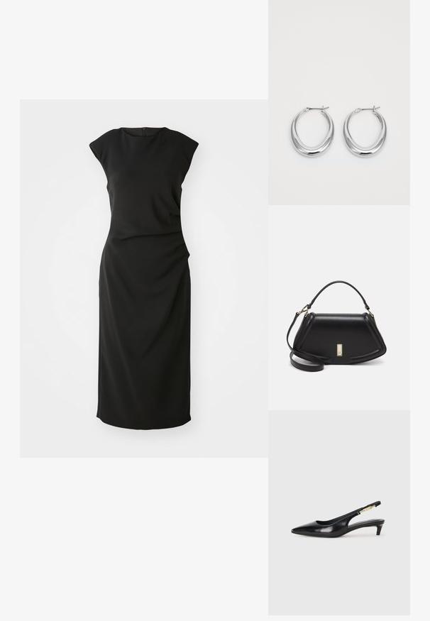 Black sleeveless dress with a round neckline, smooth fabric, slim fit, and side draping detail. Back zip closure. Simple, elegant design.; Black leather slingback heels with a pointed toe, featuring a slim heel and a gold-tone accent on the adjustable strap. Smooth texture.; Black leather handbag with a structured design, featuring a cropped shape, top handle, and gold hardware accent. Adjustable shoulder strap included.; Pair of polished silver crescent hoop earrings with hinged clasps on a white background.