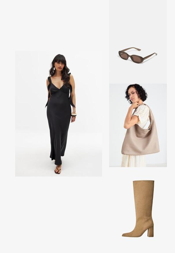 Abito in satin nero con scollatura profonda, spalline larghe legate alle spalle e una silhouette lunga e fluente, che mette in risalto la figura.; Stivale al ginocchio in suede beige con tacco a blocco, caratterizzato da una punta affusolata e una superficie liscia. Design minimalista senza decorazioni.; Occhiali da sole ovali marroni con lenti scure. La montatura è realizzata in un materiale marrone trasparente e presenta un logo stampato sulle tempie.; Borsa tote beige intrecciata con un design morbido e una sola tracolla. Presenta un motivo Texturizzato su tutta la superficie.