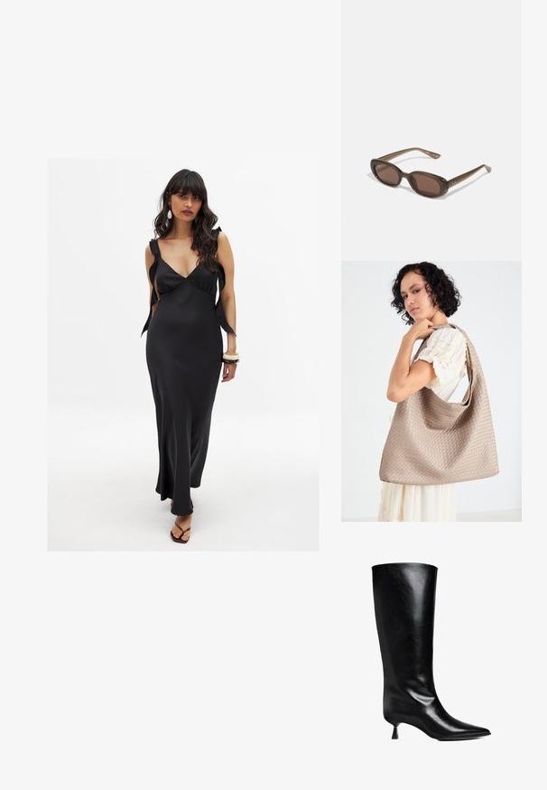 Abito in satin nero con scollatura profonda, spalline larghe legate alle spalle e una silhouette lunga e fluente, che mette in risalto la figura.; Stivale nero in pelle, alto fino al ginocchio, con punta affusolata, silhouette slim e tacco basso a blocco, con una finitura lucida.; Occhiali da sole ovali marroni con lenti scure. La montatura è realizzata in un materiale marrone trasparente e presenta un logo stampato sulle tempie.; Borsa tote beige intrecciata con un design morbido e una sola tracolla. Presenta un motivo Texturizzato su tutta la superficie.; Stradivarius SET - Bracciale - dark brown