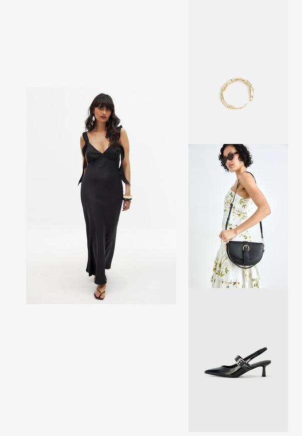 Svart satin klänning med djup V-ringning, breda axelband knutna vid axlarna och en lång, flödande silhuett som framhäver figuren.; Svarta patentläder slingback-klackar med spetsig tå och en liten blockklack, med en silvrig spänneaccent på remmen.; Svart läderhandväska med en böjd form, avtagbar rem och guldiga detaljer. Väskan har ett lock med en spänndetalj.; Ring i guldutförande med en organisk, vriden design, slät yta och avsmalnande ändar, vilket ger ett modernt, skulpturalt utseende.