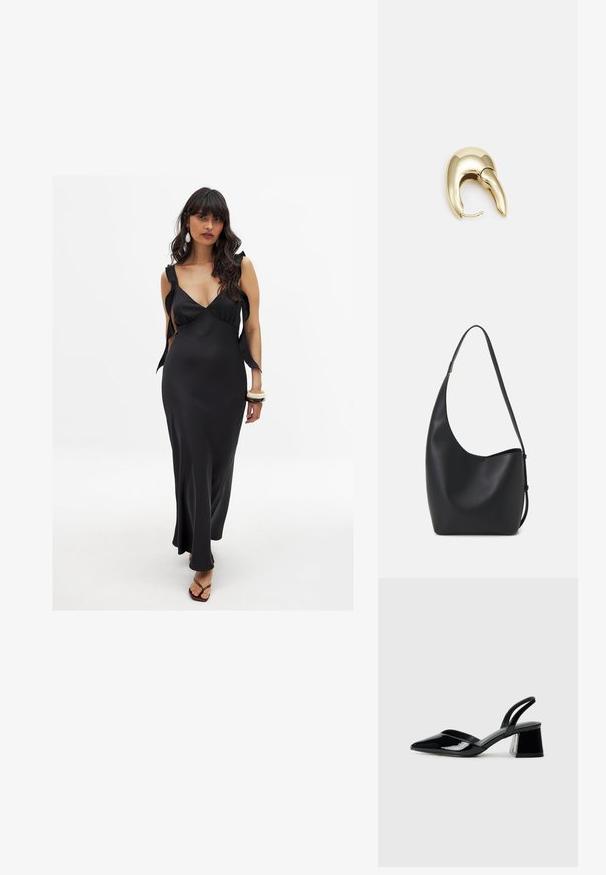 Juodas satino suknelė su giliu iškirpimu, plačiomis petnešomis, surištomis ties pečiais, ir ilgu, laisvai krentančiu siluetu, pabrėžiančiu figūrą.; Juodos lakuotos odinės šlepetės su smailiu pirštu ir geometriniu bloko kulnu. Turi elegantišką, minimalistinį dizainą ir lygų paviršių.; Juodas odinis hobo maišas su lygiu paviršiumi, kreipta forma ir viena reguliuojama rankena; turi platų atidarymą viršuje.; Aukso tono metalinės auskarai su stilingu, kreiviu dizainu. Išsiskiria ryškiu smailiu pavidalu, poliruota paviršiumi ir užsegimu su vyriu.