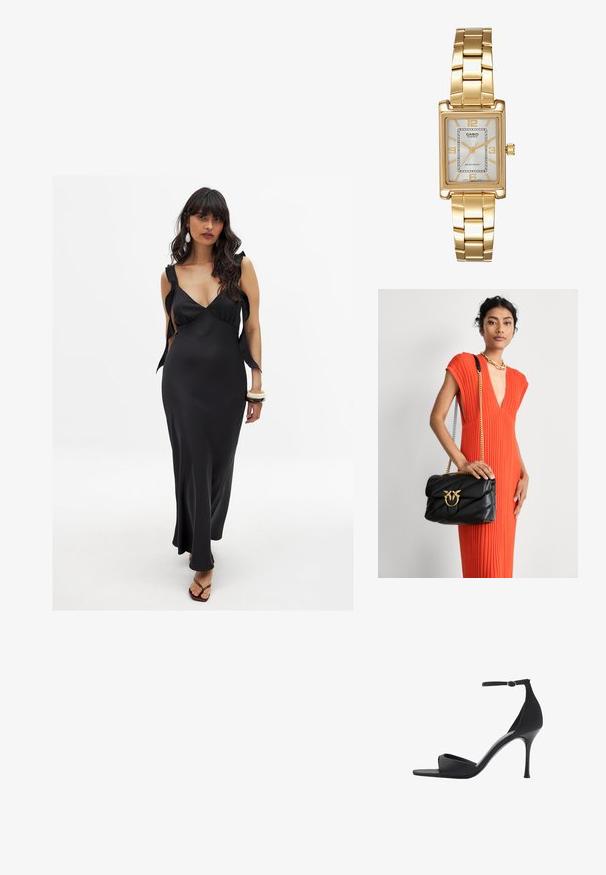 Zwarte satijnen jurk met een diepe V-hals, brede banden die op de schouders zijn vastgebonden, en een lange, vloeiende silhouet die de figuur accentueert.; Mango Sandalen met hoge hak - black; Zwarte leren handtas met een doorgestikt ontwerp en gouden hardware, met een decoratieve sluiting. De tas heeft een kettingschouderband en wordt in de hand gehouden.; Gouden rechthoekige polshorloge met een witte wijzerplaat, zilverkleurige uurmarkeringen en een duurzame metalen schakelarmband. Inclusief waterdichte functie.