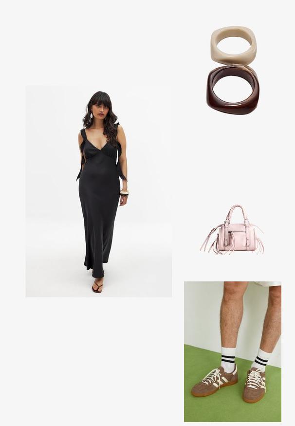 Čierne saténové šaty s hlbokým výstrihom, širokými ramienkami viazanými na pleciach a dlhým, splývavým strihom, ktorý zvýrazňuje postavu.; Hnedé zamatové tenisky s bielymi akcentmi a šnúrkami. Gumová podrážka. Nosené s bielymi ponožkami so čiernymi pruhmi. Zelená textúrovaná podlaha.; Ružová kabelka s pleteným horným uchom, striebornými kovaniami, prednou zipsovou vreckom a dlhými strapcami po stranách; textúrovaný syntetický kožený materiál.; Stradivarius SET - Náramok - dark brown